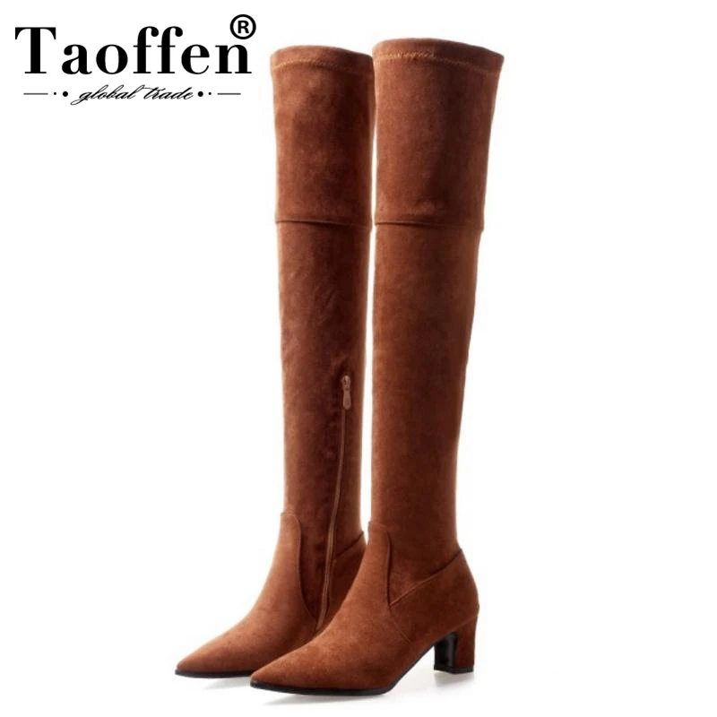 

Taoffen Elastic Bootie Women Plus Size 32-48 Fur Winter Suede Slip On Thick Heel Sheos Women Fahsion Outdoor Causal Mujer Zapato