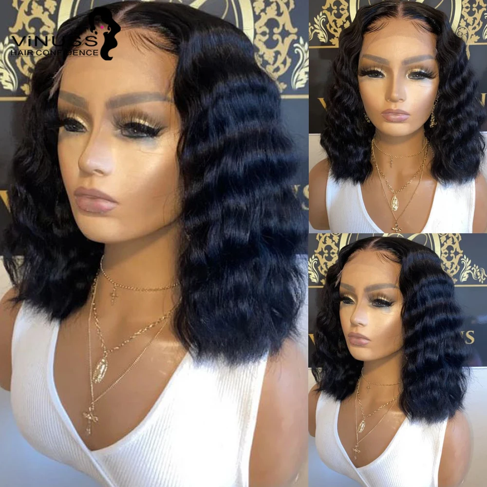 Deep Wave Short Bob Wig 4x4 Lace Closure Human Hair Wigs For Black Women Remy Peruvian Human Hair Wig Pre Plucked Bleach Knots
