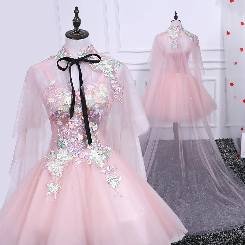 

BGW HT32017 Pink Tulle Graduation Dresses Sleeveless A Line Mini Gown Lace Up Back With Wrap Appliqued Vestidos Graduacion