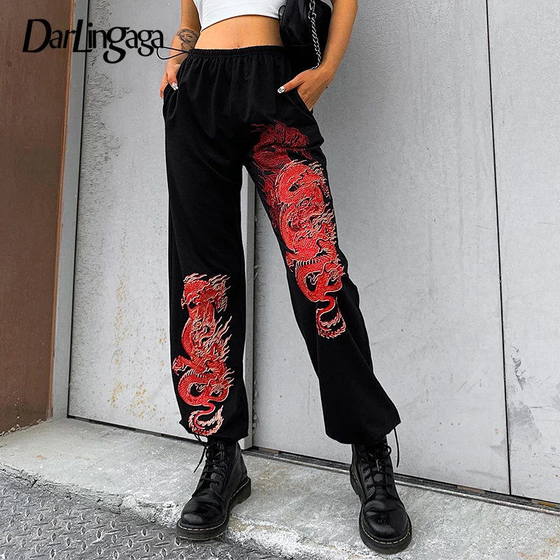 Darlingaga Streetwear Dragon Print Loose Sweatpants Women Pants Drawstring Chinese Style Hip Hop High Waist Pants Trousers Capri Darlingaga Streetwear Dragon Print Loose Sweatpants Women Pants Drawstring Chinese Style Hip Hop High Waist Pants Trousers Capri