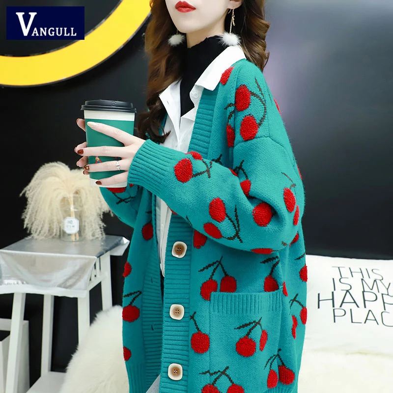 Vangull Fruit Printting Knitted Women Sweater Cardigans Single Breasted Long Sleeve Korean Style Loose Tops |
