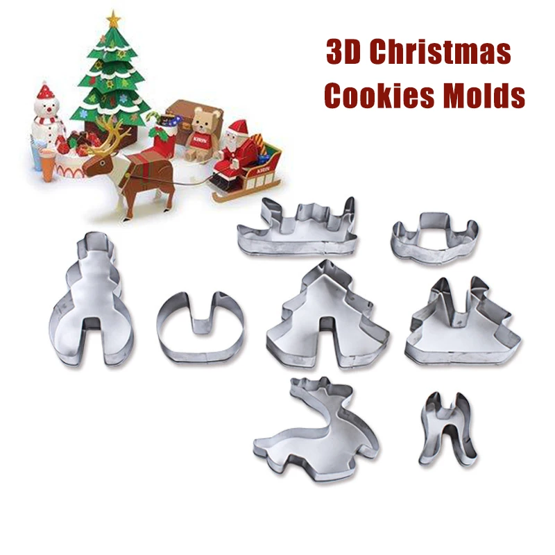 

3D Christmas Cookies Molds Set Stainless Steel Biscuit Mold 8pcs Set Christmas Tree Snowman Elk MU8669