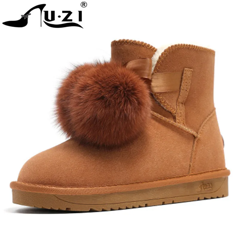 

Newest Fashion Ankle Boot 100% Genuine Leather Natural Fur Snow Boots Fox Fur Hair ball Boots Women Shoes Flat Cotton Warm Shoes