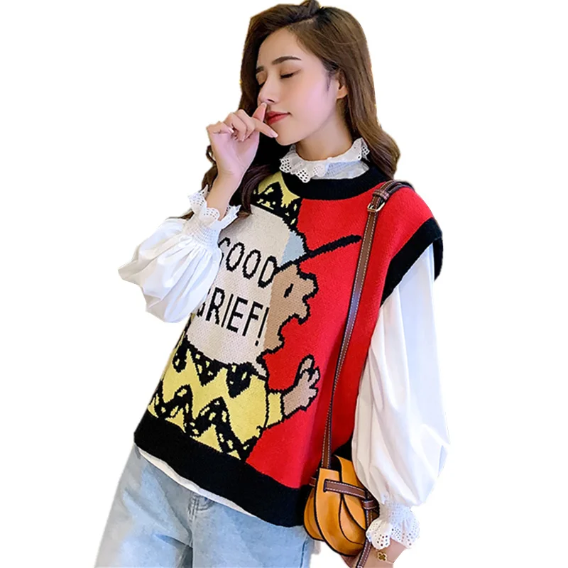 red vest Осенне-зимние женские топы в консервативном стиле kawaii контрастного цвета с рисунком из мультфильма, пуловер без рукавов, вязаный жилет veste femme - Цвет: red vest