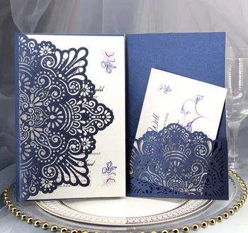 

Laser Cut Pocket Wedding Invitations Flower Tri-folded Customized Marriage Birthday Invitation Card With Envelop