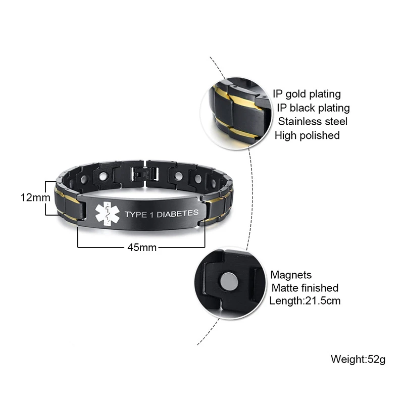 Персонализированные медицинские диабет мужской браслет Stainlesss сталь регулируемая длина коробка посылка мужской магнитный исцеление здоровья браслет