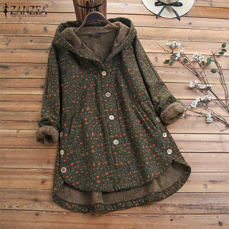 Best  ZANZEA Women Fleece Coats Winter Hoodies Long Sleeve Jackets Female Vintage Buttons Outwear Hooded 