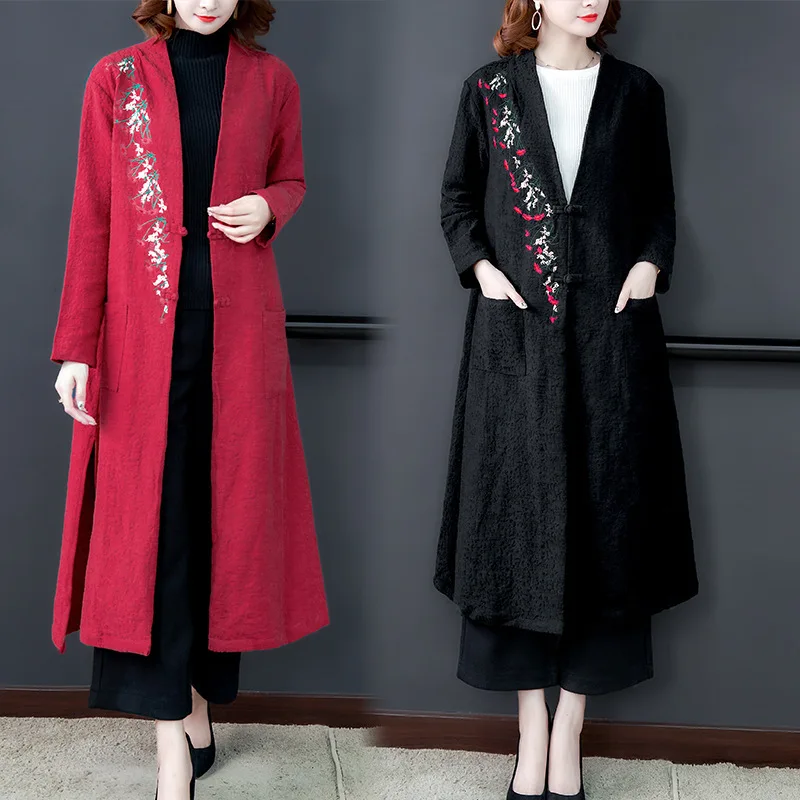 

2019 Autumn And Winter New Style Retro Frog Large Size Middle Long Coat Ethnic-Style Slit Jacquard Flax Embroidered Trench Coat