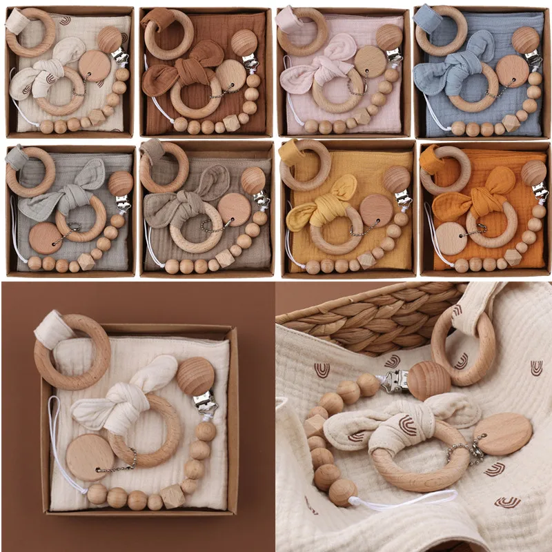 1 Set Bunny Ear Anello In Legno Baby Massaggiagengive Bavaglini In Cotone Neonato Saliva Asciugamano Ciuccio Clip Set Catena Baby Gym Braccialetto Mol