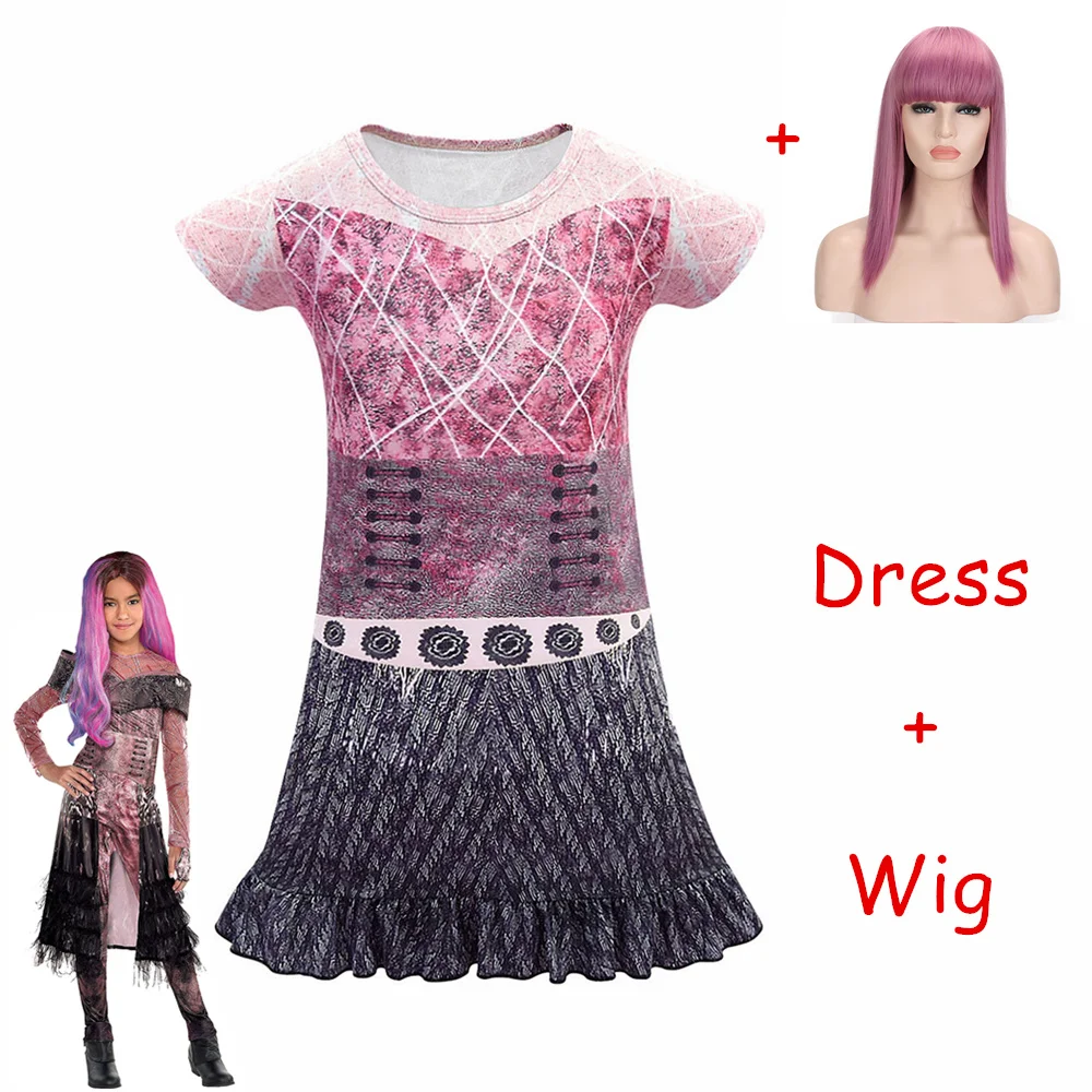 80140 and wig Одри и Эви девочки потомки 3 костюм для косплея костюм для собаки дети девушки Хэллоуин маскарад с рукавами короткие платья - Цвет: 80140 and wig