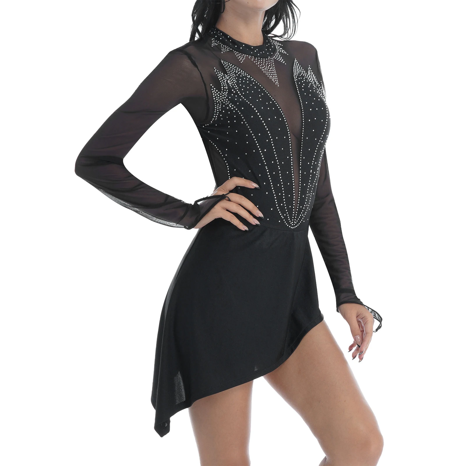 Adults Rhinestone Mesh Long Sleeve Dance Dress Figure Skating Artistic Gymnastic Training Performance Ballet Dance Leotard Dress
