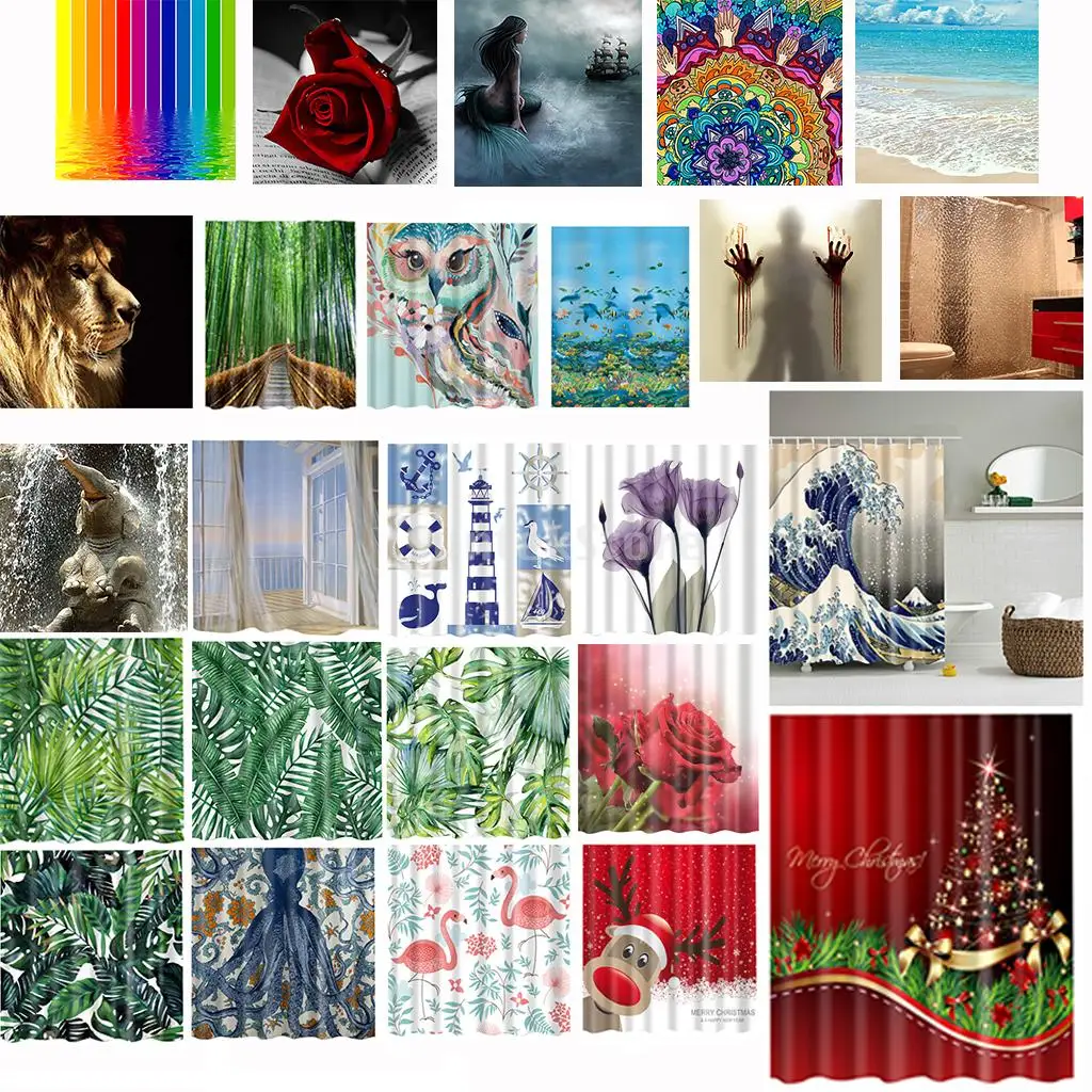 Fabric Waterproof Bathroom Shower Curtain Divider Panel With 12 Hooks Set