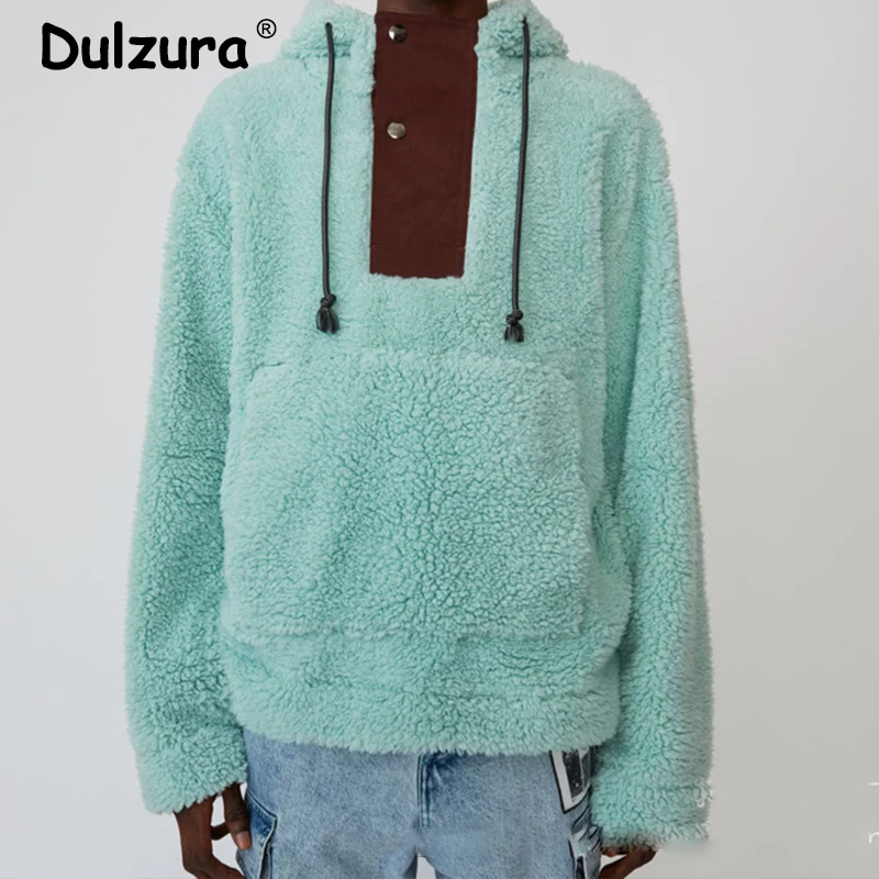 

2019 Winter New Solid Fake Lamb Wool Sweatshirt Unisex Casual Patchwork Hooded Faux Fur Pullover Tops Street Chic Loose Hoodies