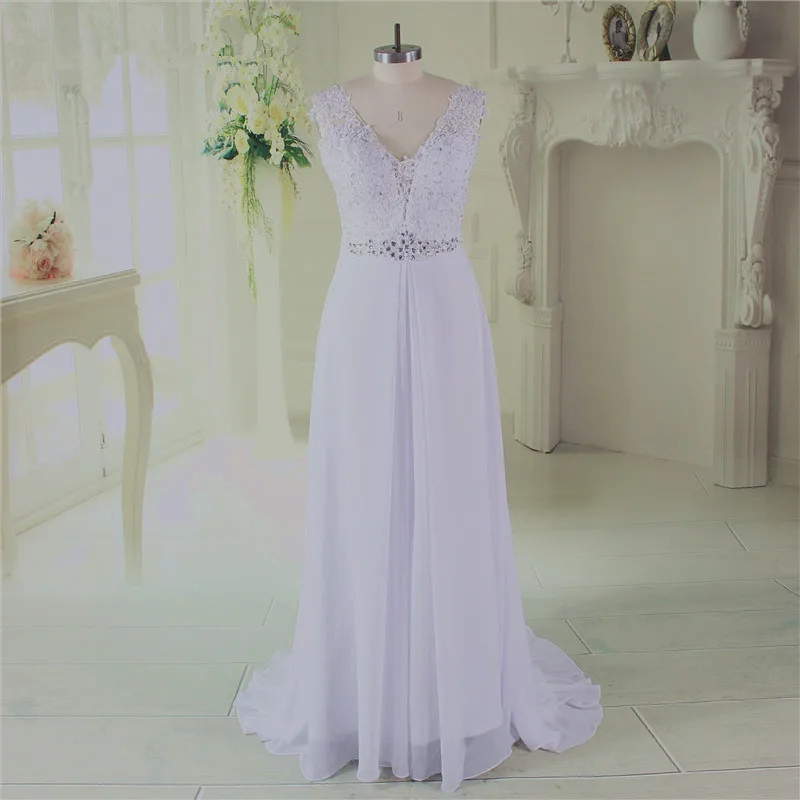 

Cheap Chiffon Beach Wedding Dress 2019 Rhinestone Lace Appliques Sexy V neck Backless Formal Wedding Gown robe de soiree