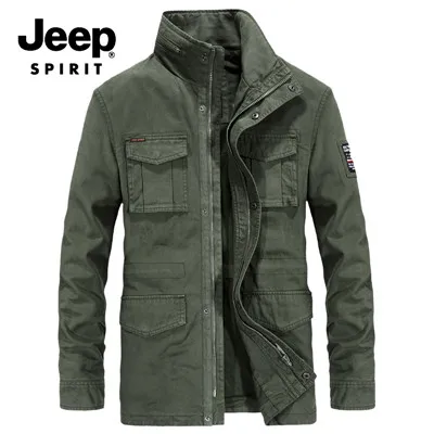 JEEP SPIRIT известный бренд осень зима куртка мужская мода хлопок много карманов средней длины пальто новая куртка-ветровка - Цвет: Армейский зеленый