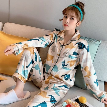 

2020 Spring Summer New Fashion Silk Pajama Sets For Women 2Pcs Long Sleeve & Trousers Pyjamas Female Casual Night Sleepwear