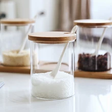 3 шт 450 мл стеклянный набор банок для приправ деревянный поднос банка для специй набор деревянная крышка керамические ложки, кухонные принадлежности солонка