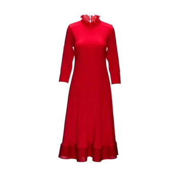 

LANMREM 2020 Spring Summer New Arrivals Ruffled Neck Wrist Sleeve High Waist Solid Pattern Women England Style Dress AW82403