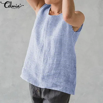 

Celmia 2020 Chic Plus Size Tops Summer Sleeveless Striped Blouses Casual Loose Women Clothing Basic Shirt Linen Camisa Mujer