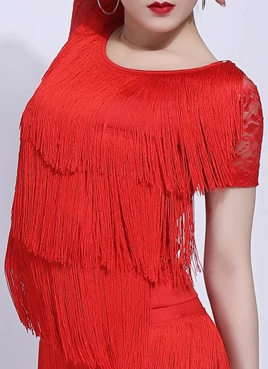 Short sleeve Латинский танец Топ трехслойная кисточка сшивание кружева рукава Сальса Танго ча Румба Самба танцы представление одежда DNV11902 - Цвет: Short sleeve