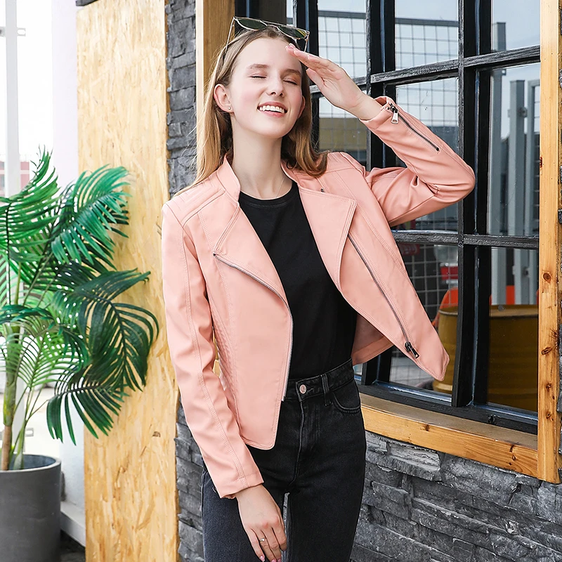 2019 осенне зимние куртки из искусственной кожи женские на молнии с отложным