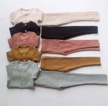 

Autumn Baby Knitted Thread Pit Two-pieces Single-breasted Home Suit Toddler Boys Girls Solid Color Long Sleeve Tops+legging Set