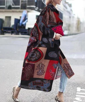 

2020 New Spring Vintage Long Coat Long Pattern Open Stitch Print Ladies Coats