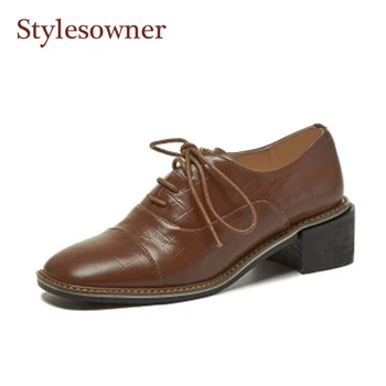 

Bamboo Pattern Cowhide Square Toe Thick Heel Shoes Women 2020 New Retro Lace-Up Mid-Heel White Classic Work Office Leather Shoes