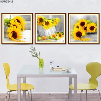 

QIANZEHUI,Diamond Embroidery,Round Diamond Living room sunflower triple Full rhinestone Diamond painting cross stitch,needlework
