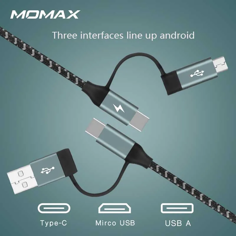 MOMAX тканая 4 в 1 кабель для передачи данных кабель-Переходник USB C на USB A до micro-1.2m три вида интерфейса 3A действительно быстрая зарядка полностью совместим с