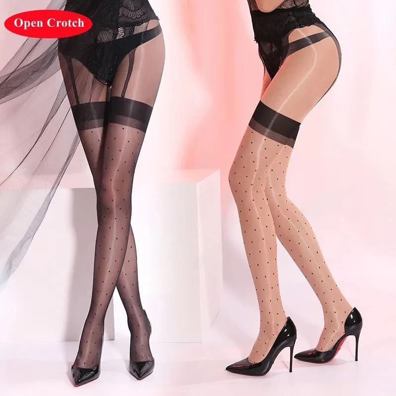 Description Picture 2 of itemRetro Oil Shiny Crotchless Pantyhose For Women See Through Sexy Tights Fake Garter Belt Nylon Stockings Sexy Lingerie Clubwear