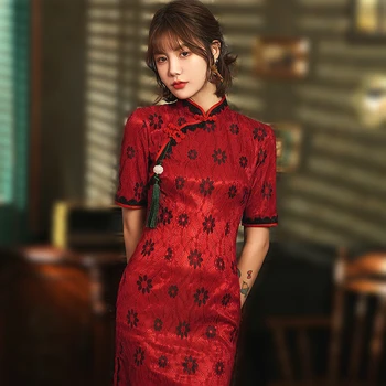 

Sheng Coco Chinese Lace Cheongsam Dresses Women Clothing Formal Party Elegant Red Lace Cheongsam Bride Dress