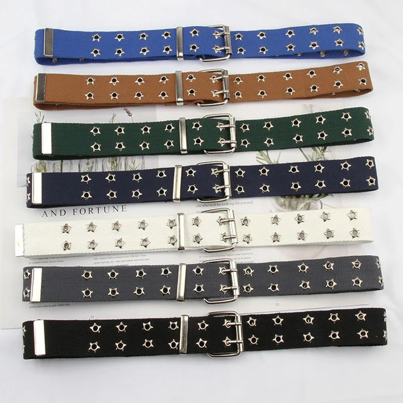 

Punk Fashion Unisex Canvas Belt Metal Double row hole Pin Buckle Waist Belts Jeans Trouser Women Men Waistband Casual