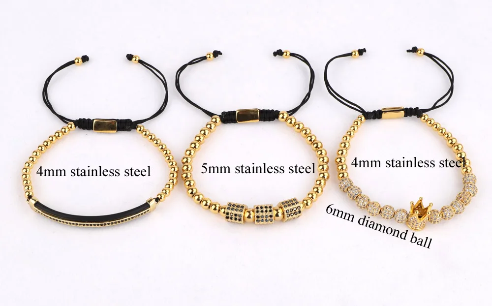 3pc/set Men Luxury CZ Crown Braided Micro Pave Cubic Zirconia Stainless Steel Beads Charm Bracelet Jewelry for Women Men - Image 5