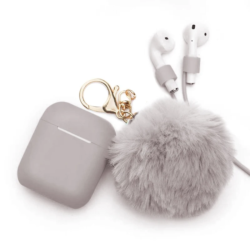 Темно-серый Airpods защитный чехол с защитой от падения Защитный чехол силиконовый чехол милый меховой шарик Airpods брелок/ремешок Apple Airpods доступ - Цвет: Темно-серый