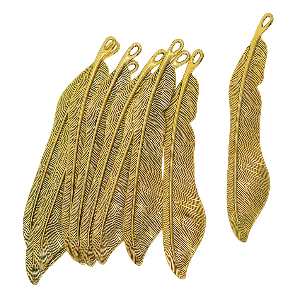 10 Pieces Charms Antique Gold Plated Metal with Loop Feather Bookmarks For Beading Jewelry Making Handmade Crafts Findings