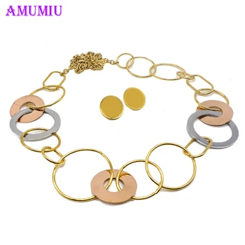 

AMUMIU Luxurious colorful dazzling Bridal circle jewelry sets for women choker gold color necklace and earrings set JS231