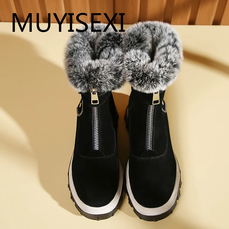 

Cow suede natural fur snow boots sweet lady gorgeous cold protection waterproof design keep warm winter shoes HXU02 MUYISEXI