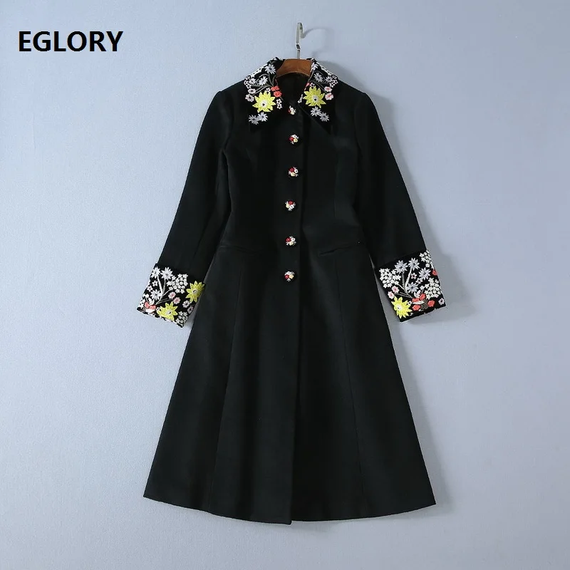 

2019 Autumn Winter Long Wool Overcoats Women Floral Embroidery Turn-down Collar Single Breasted Long Black Wool Blends Coats