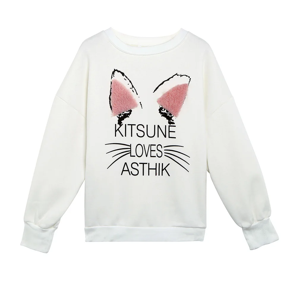 Fleece Hoodies Women Pullover Round Collar Cat Pattern Letter Print Long Sleeve Sweatshirt Fall Winter Jumper Top Female Tunic | Женская