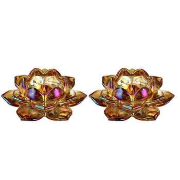 

Set of 2 Sparkle Crystal Lotus Flower Candlesticks Holder amber Hue Reflection Feng Shui Home Decor