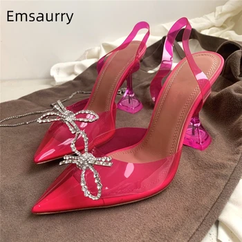 

Jelly Color PVC Transparent Wedding Shoes Woman Sexy Pointed Toe Clear Crystal Goblet Heel Jeweled Bowtie Sandals Women