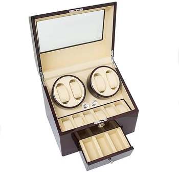 

JQUEEN Automatic Ebony Baking Finish Watch Winder Display Box 4+9 Storages Brown PU Leather Interior