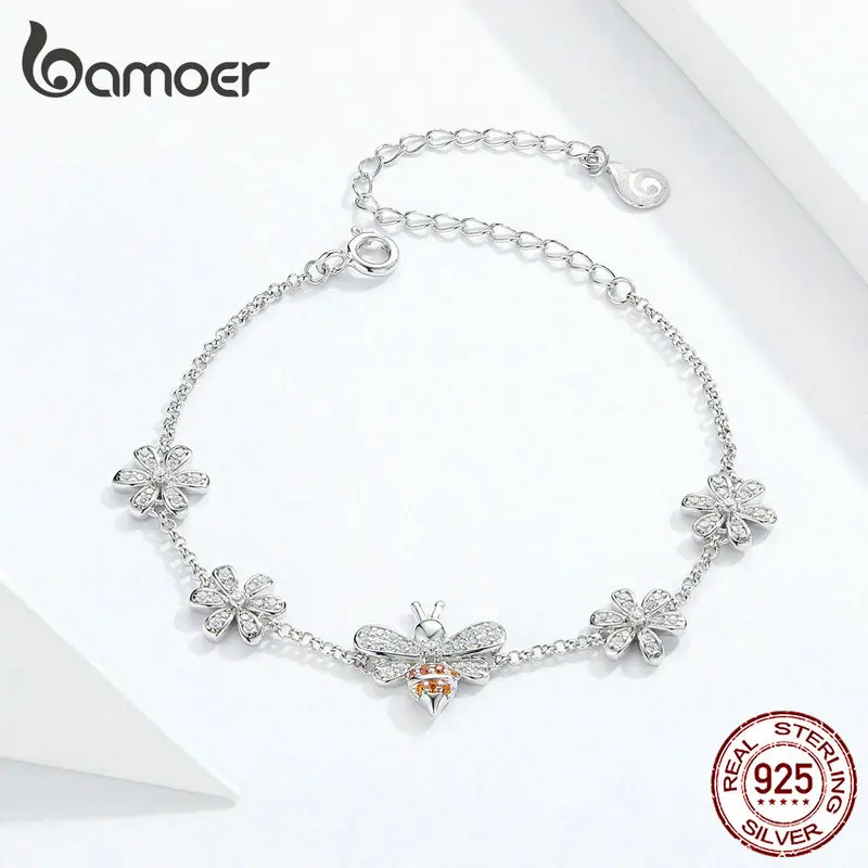 bamoer Insect Bee Queen and Flower Lobster Lock Chain Bracelets for Women 925 Sterling Silver Luxury Jewelry Gifts BSB031
