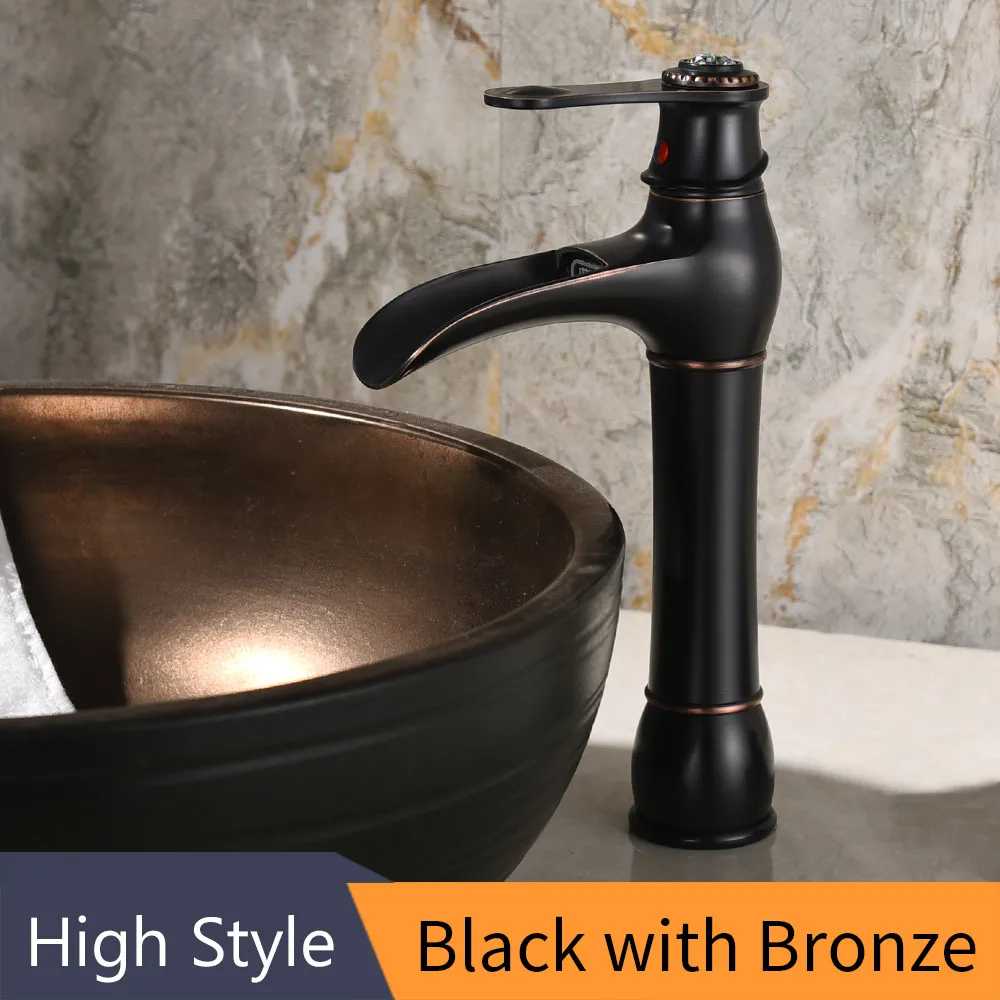 Black with Bronze-2 Смесители для раковины, современный стиль, смеситель для ванной комнаты, на бортике, водопад, одно отверстие, смесители, кран для холодной и горячей воды, 855807 - Цвет: Black with Bronze-2