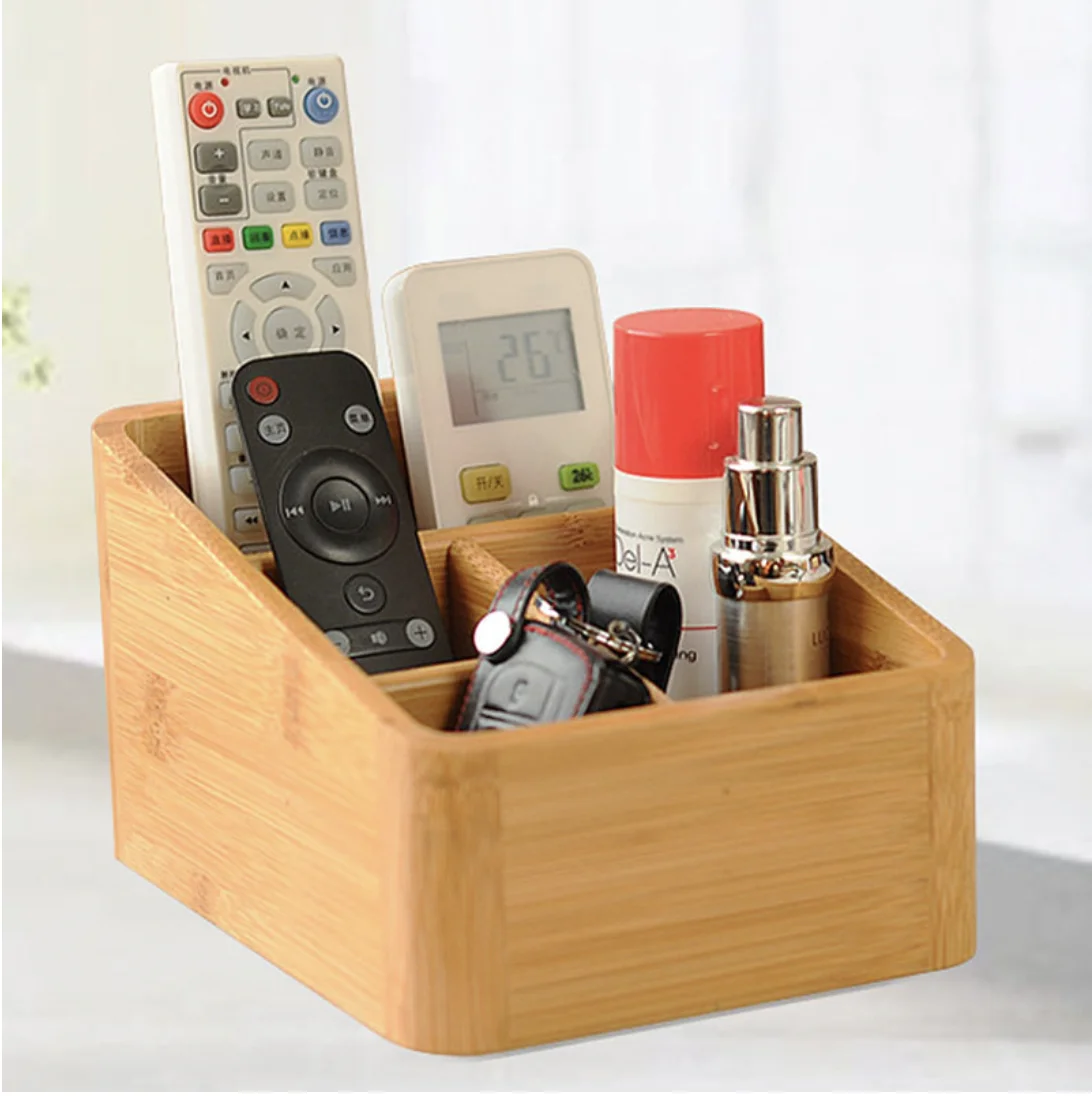 NOOLIM Luxury Bamboo Makeup Organizer TV Remote Control CellPhone Stand Holder Storage Caddy Organiser Tools