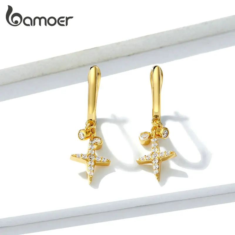 Bamoer Glory Cross Star очаровательные Подвесные серьги для женщин золотые 925 пробы серебряные ювелирные изделия Brincos GAE230