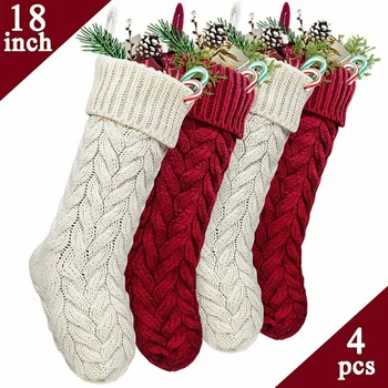 

2/4pcs 18" Large Size Cable Knit Knitted Christmas Xmas Stockings Stocking Decor Christmas Stocking Sack Xmas Gift Candy Bag Chr