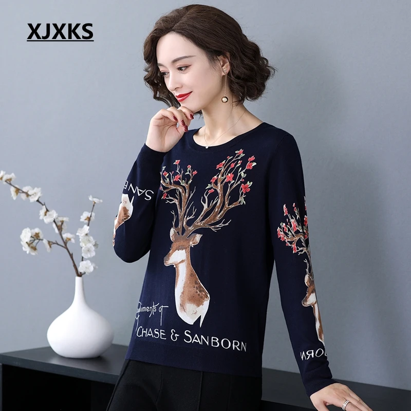 

XJXKS Fall 2019 Pullover Women Deer Pattern Reactive Printing Knitted Sweater Women High Quality Print Jumper Knitted Tops