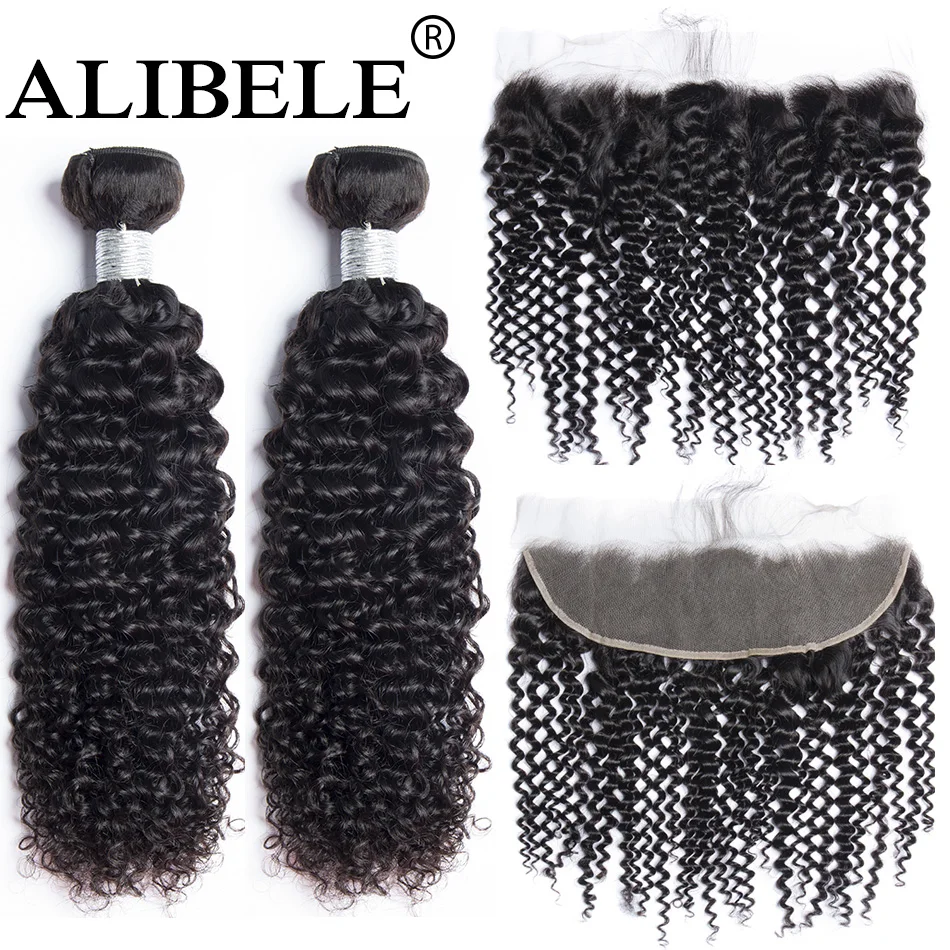 Alibele бразильские кудрявые вьющиеся пряди с фронтальной Closure10-30in м Волосы remy 3 пряди с 13x4 уха до уха Фронтальная застежка